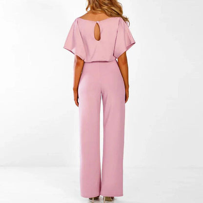 Damen’s Jumpsuit mit kurzen Ärmeln, weitem Bein und Taillenband-Jumpsuits for women-Alpenkind