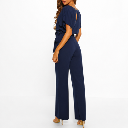 Damen’s Jumpsuit mit kurzen Ärmeln, weitem Bein und Taillenband-Jumpsuits for women-Alpenkind