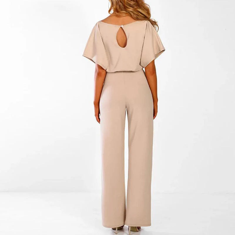 Damen’s Jumpsuit mit kurzen Ärmeln, weitem Bein und Taillenband-Jumpsuits for women-Alpenkind