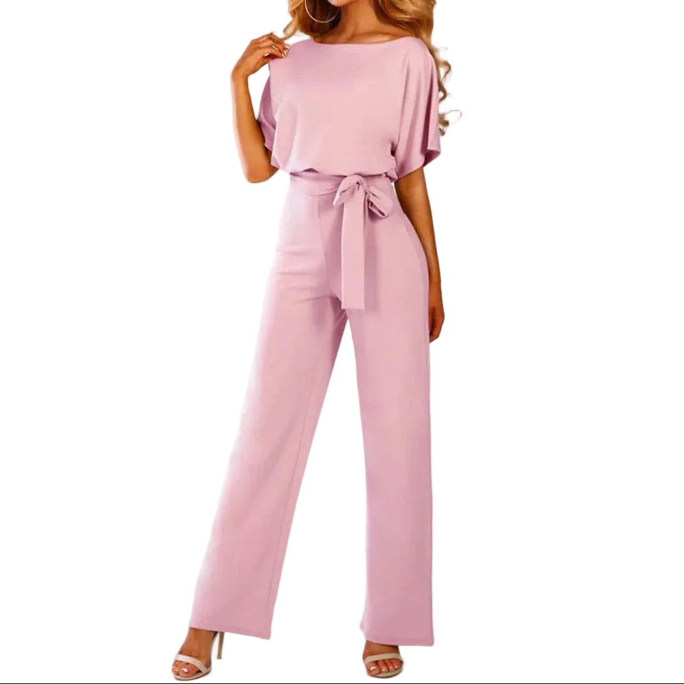 Damen’s Jumpsuit mit kurzen Ärmeln, weitem Bein und Taillenband-Jumpsuits for women-Alpenkind