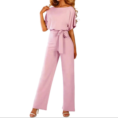 Damen’s Jumpsuit mit kurzen Ärmeln, weitem Bein und Taillenband-Jumpsuits for women-Alpenkind
