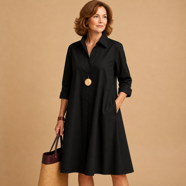 Damen’s Kleid mit Kragen, Knopfleiste, langen Ärmeln und seitlichen Taschen-Mini Dress-Alpenkind