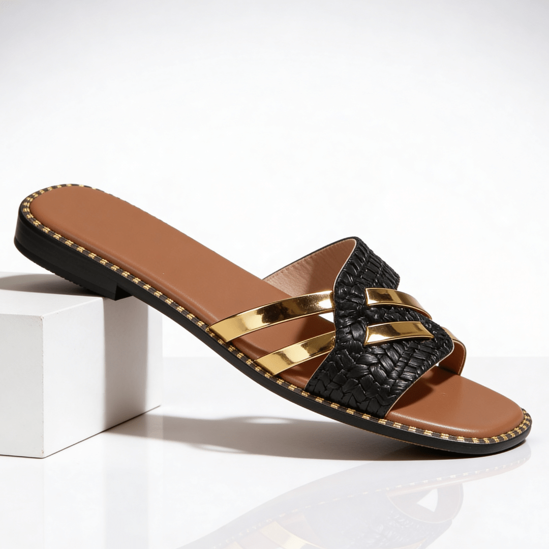 Flache Damen-Pantoletten mit Metallic-Riemen-Footwear for women-Alpenkind