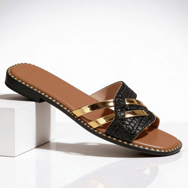 Flache Damen-Pantoletten mit Metallic-Riemen-Footwear for women-Alpenkind
