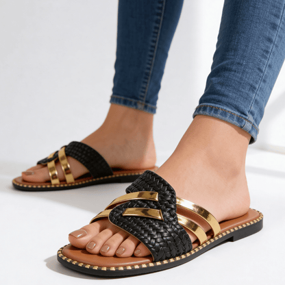 Flache Damen-Pantoletten mit Metallic-Riemen-Footwear for women-Alpenkind