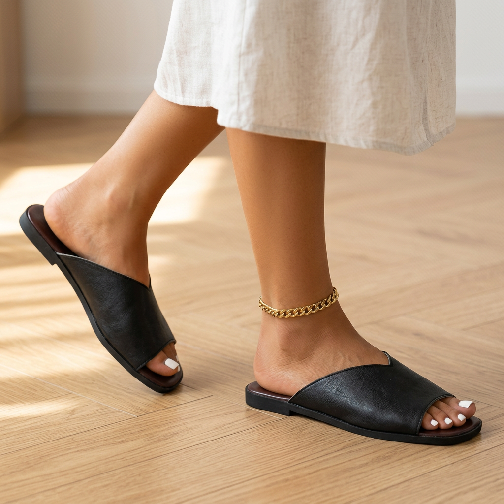 Flache Damen-Pantoletten mit V-Ausschnitt-Footwear for women-Alpenkind