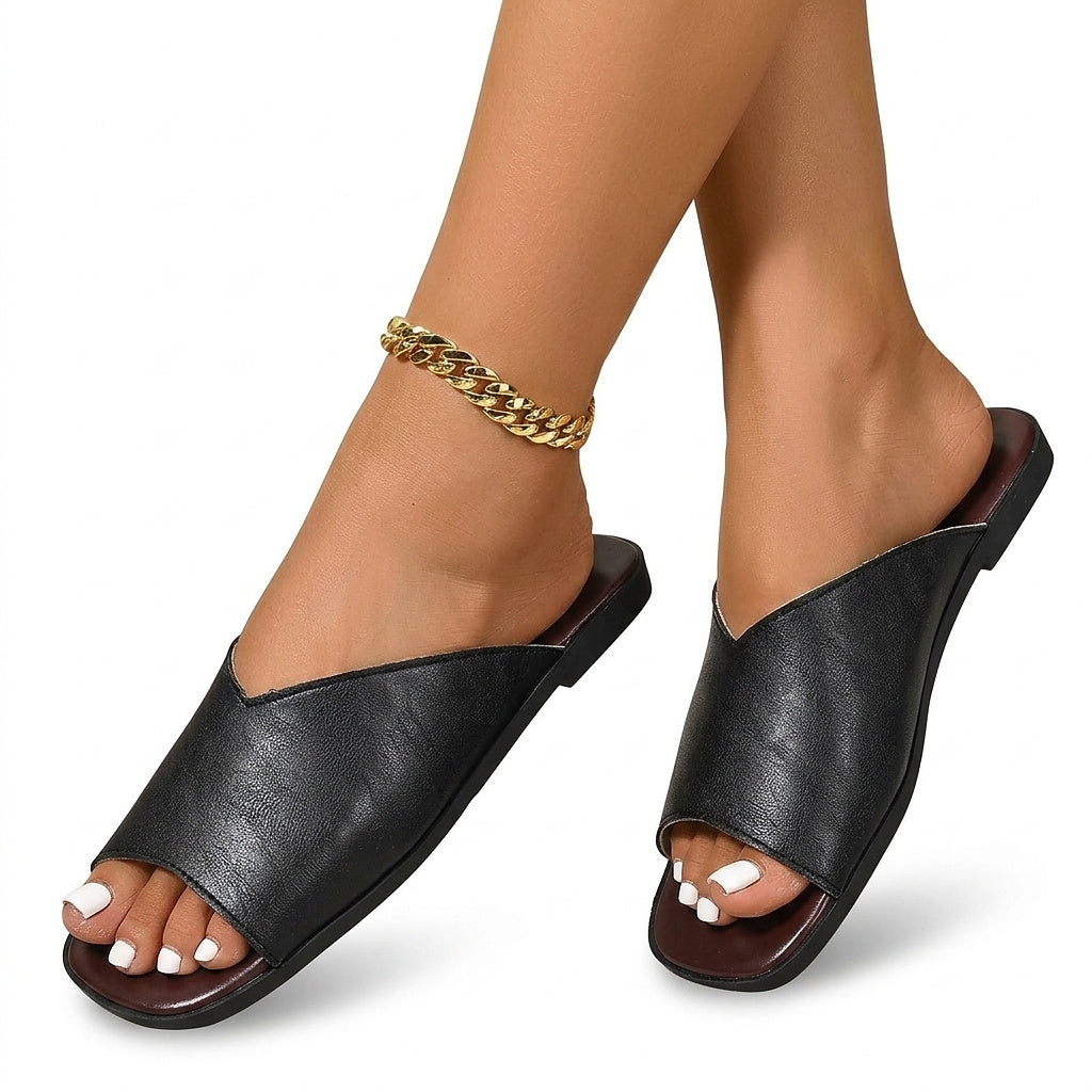 Flache Damen-Pantoletten mit V-Ausschnitt-Footwear for women-Alpenkind