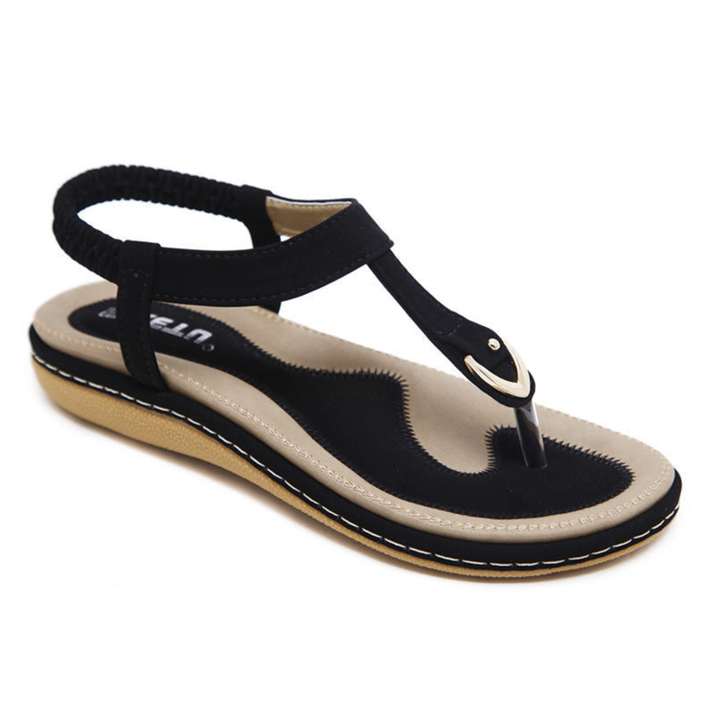 Flache Damen-Sandalen mit T-Riemen und Metalldetail-Footwear for women-Alpenkind