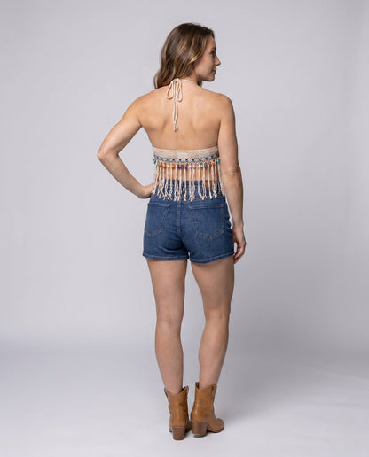 Gehäkeltes Damen-Halter-Crop-Top mit Quastensaum-Tops for women-Alpenkind