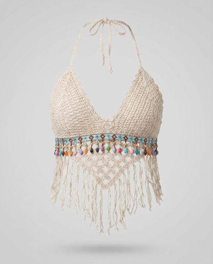 Gehäkeltes Damen-Halter-Crop-Top mit Quastensaum-Tops for women-Alpenkind