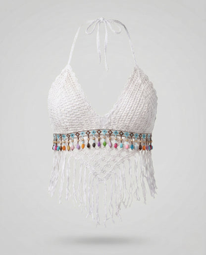 Gehäkeltes Damen-Halter-Crop-Top mit Quastensaum-Tops for women-Alpenkind