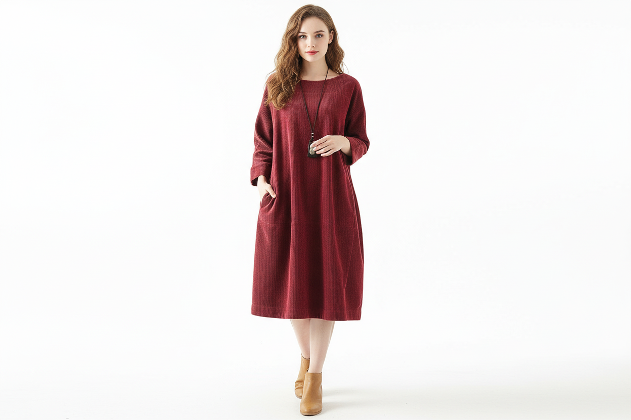 Gerades Cordkleid in Knielänge mit aufgesetzten Taschen-Midi Dress-Alpenkind