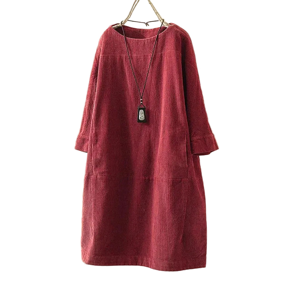 Gerades Cordkleid in Knielänge mit aufgesetzten Taschen-Midi Dress-Alpenkind