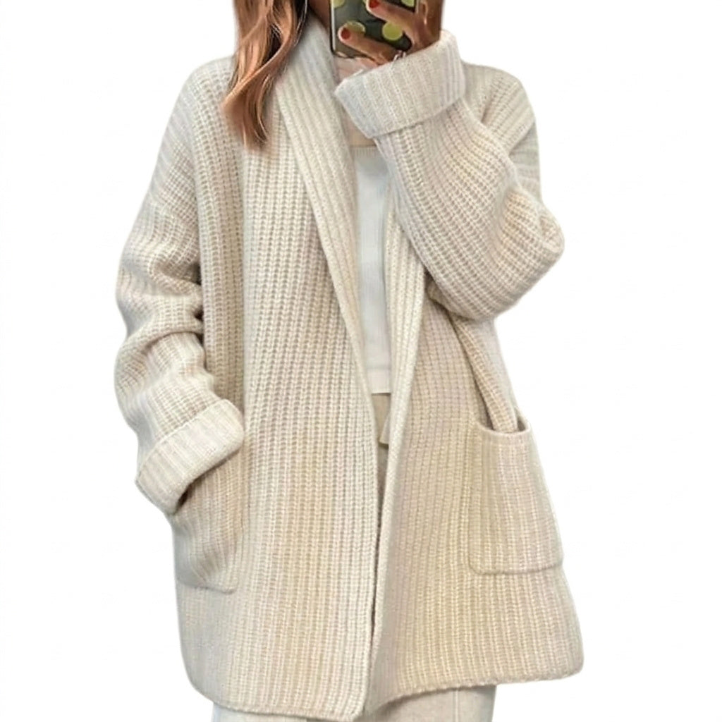 Gerippte Strickjacke für Damen mit offener Front und aufgesetzten Taschen-Cardigan for women-Alpenkind