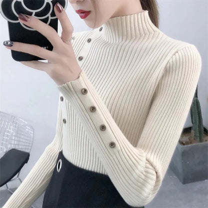 Gerippter Damen-Strickpullover mit Stehkragen und Zierknöpfen-Sweaters for Women-Alpenkind