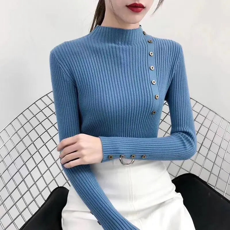 Gerippter Damen-Strickpullover mit Stehkragen und Zierknöpfen-Sweaters for Women-Alpenkind