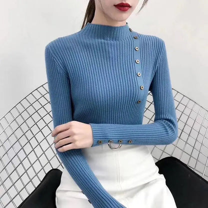 Gerippter Damen-Strickpullover mit Stehkragen und Zierknöpfen-Sweaters for Women-Alpenkind