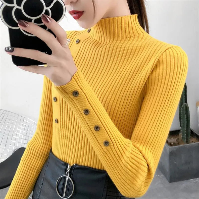 Gerippter Damen-Strickpullover mit Stehkragen und Zierknöpfen-Sweaters for Women-Alpenkind