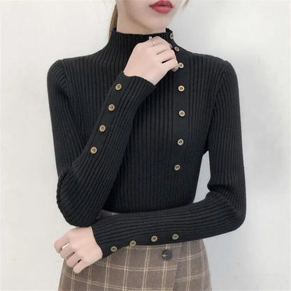 Gerippter Damen-Strickpullover mit Stehkragen und Zierknöpfen-Sweaters for Women-Alpenkind