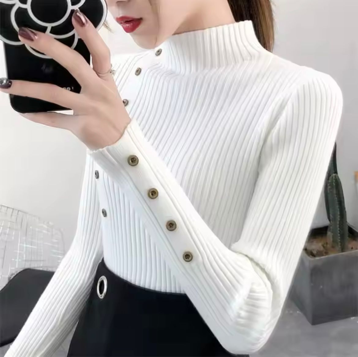 Gerippter Damen-Strickpullover mit Stehkragen und Zierknöpfen-Sweaters for Women-Alpenkind