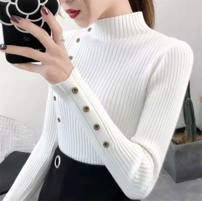 Gerippter Damen-Strickpullover mit Stehkragen und Zierknöpfen-Sweaters for Women-Alpenkind