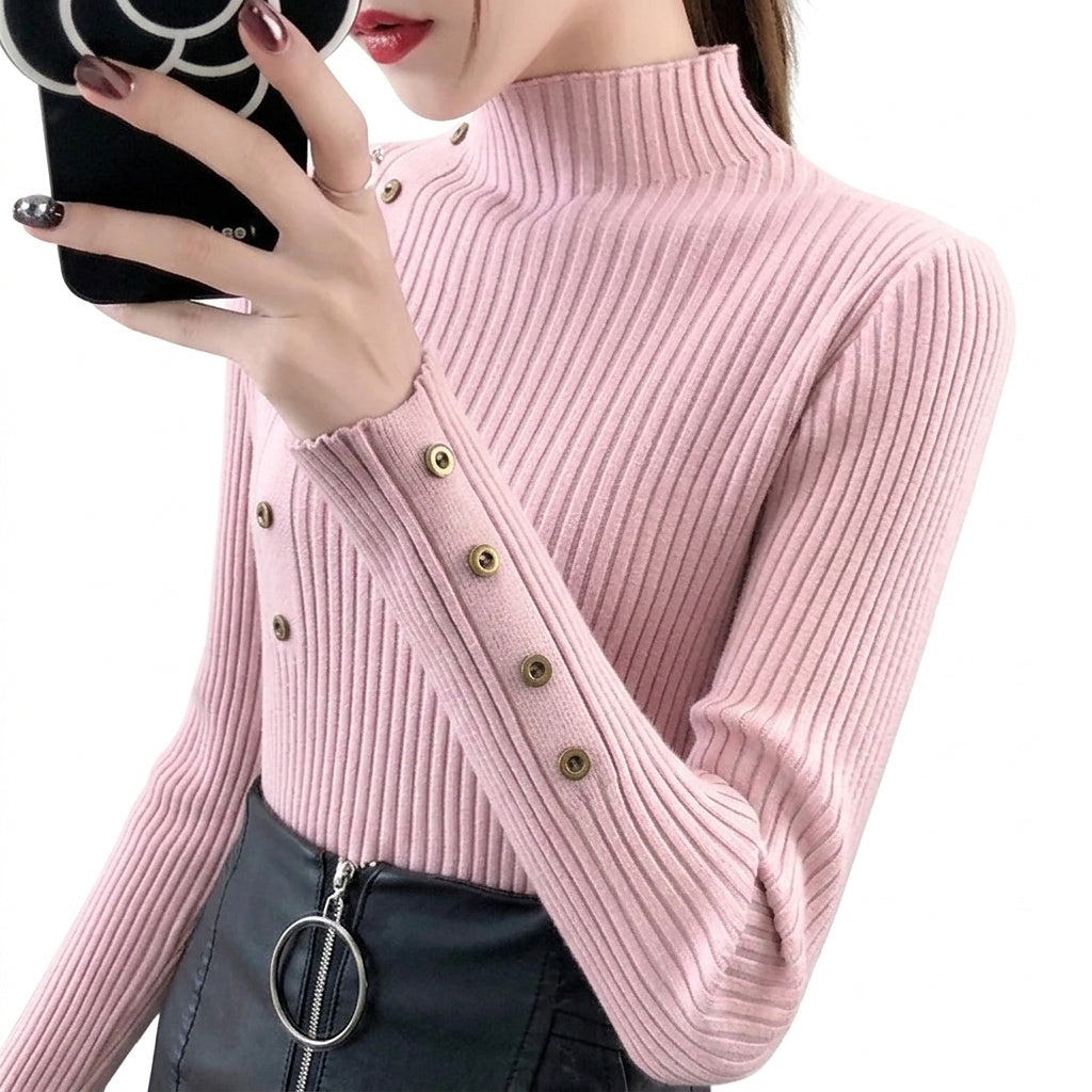 Gerippter Damen-Strickpullover mit Stehkragen und Zierknöpfen-Sweaters for Women-Alpenkind