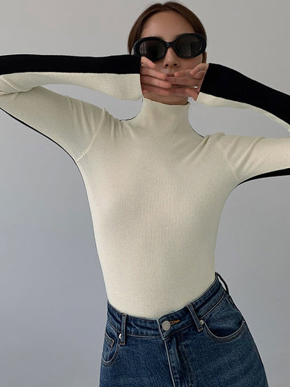 Geripptes Langarm-Strickoberteil mit Stehkragen für Damen-Blouses for women-Alpenkind