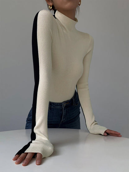 Geripptes Langarm-Strickoberteil mit Stehkragen für Damen-Blouses for women-Alpenkind
