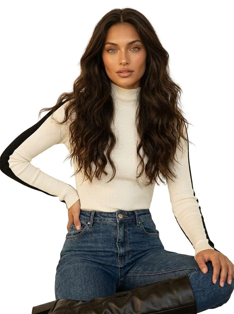Geripptes Langarm-Strickoberteil mit Stehkragen für Damen-Blouses for women-Alpenkind
