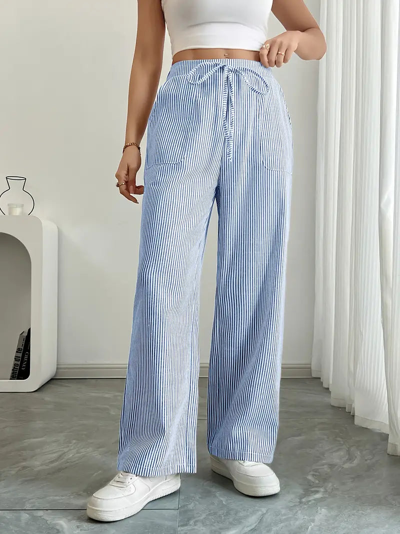 Gestreifte Damen-Hose mit weitem Bein und Kordelzug-Pants for Women-Alpenkind