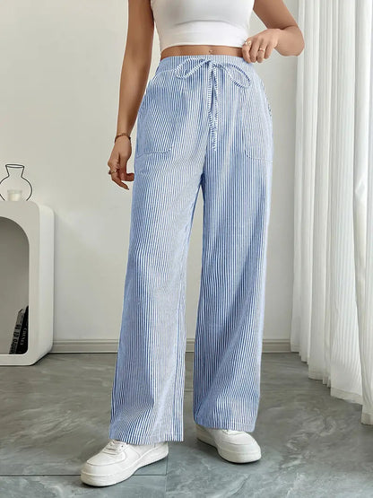 Gestreifte Damen-Hose mit weitem Bein und Kordelzug-Pants for Women-Alpenkind