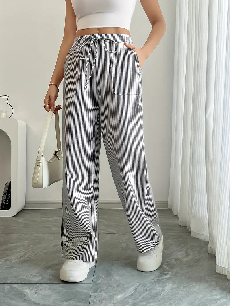 Gestreifte Damen-Hose mit weitem Bein und Kordelzug-Pants for Women-Alpenkind