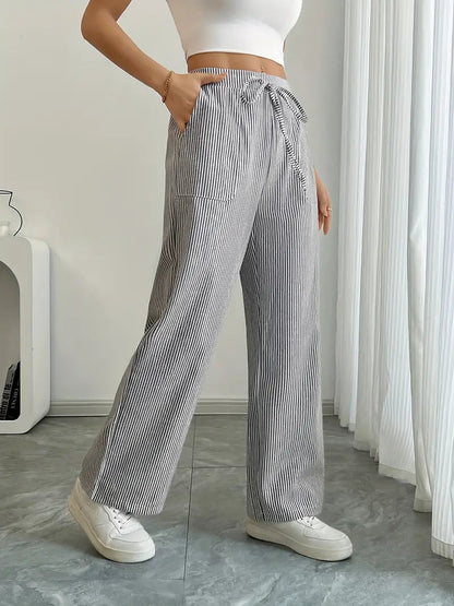 Gestreifte Damen-Hose mit weitem Bein und Kordelzug-Pants for Women-Alpenkind