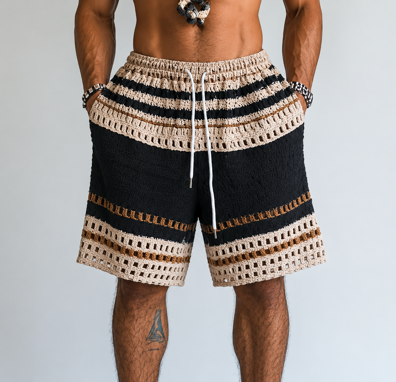 Gestreifte Herren-Shorts mit Lochmuster und Kordelzug-Shorts for men-Alpenkind