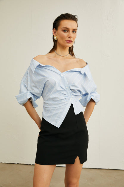 Gestreifte Off-Shoulder-Bluse für Damen mit Kettenträgern-Blouses for women-Alpenkind