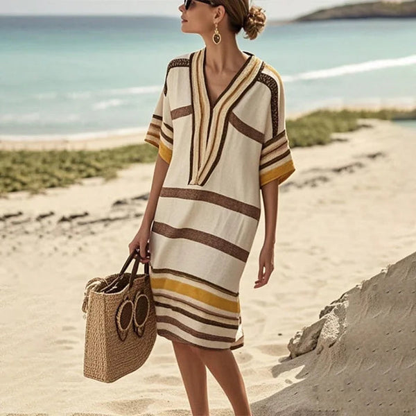 Gestreiftes Kaftankleid mit V-Ausschnitt für Damen-Dresses-Alpenkind