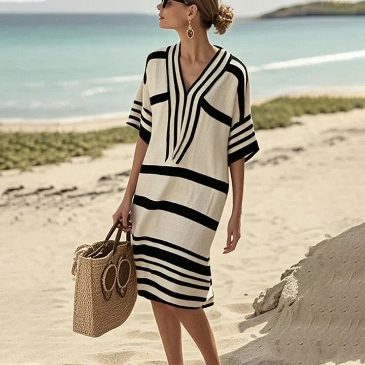 Gestreiftes Kaftankleid mit V-Ausschnitt für Damen-Dresses-Alpenkind