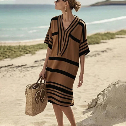 Gestreiftes Kaftankleid mit V-Ausschnitt für Damen-Dresses-Alpenkind