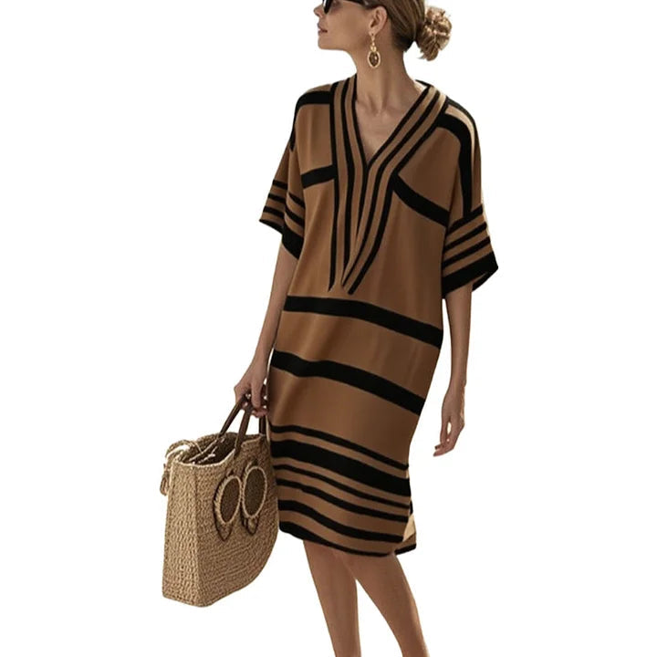 Gestreiftes Kaftankleid mit V-Ausschnitt für Damen-Dresses-Alpenkind