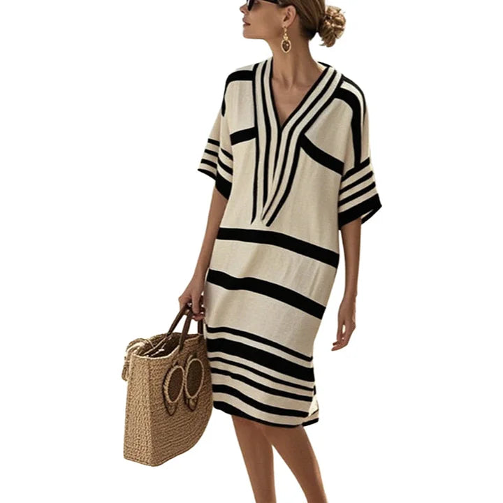 Gestreiftes Kaftankleid mit V-Ausschnitt für Damen-Dresses-Alpenkind