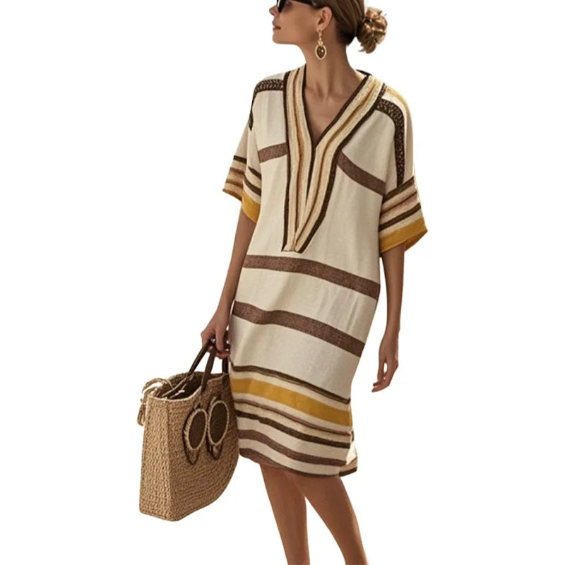 Gestreiftes Kaftankleid mit V-Ausschnitt für Damen-Dresses-Alpenkind