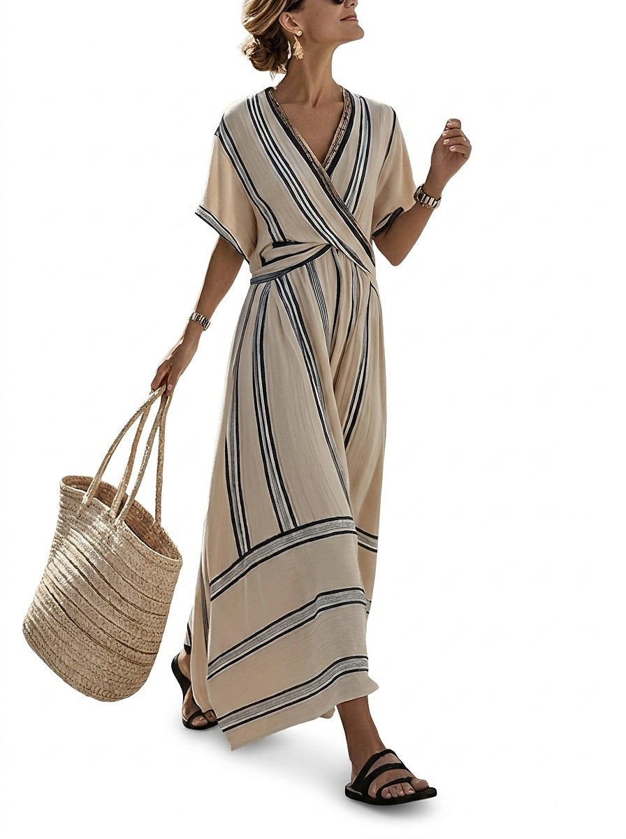 Gestreiftes Maxi-Kleid mit V-Ausschnitt für Damen-Maxi Dress-Alpenkind