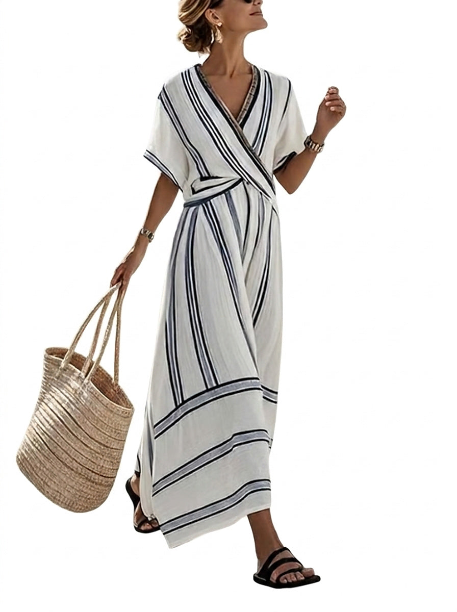Gestreiftes Maxi-Kleid mit V-Ausschnitt für Damen-Maxi Dress-Alpenkind