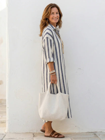 Gestreiftes Midi-Hemdblusenkleid für Damen-Tops & Blouses-Alpenkind