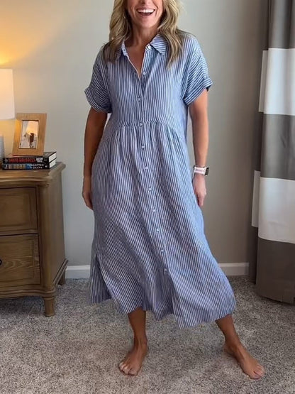 Gestreiftes Midi-Hemdblusenkleid für Damen-Midi Dress-Alpenkind