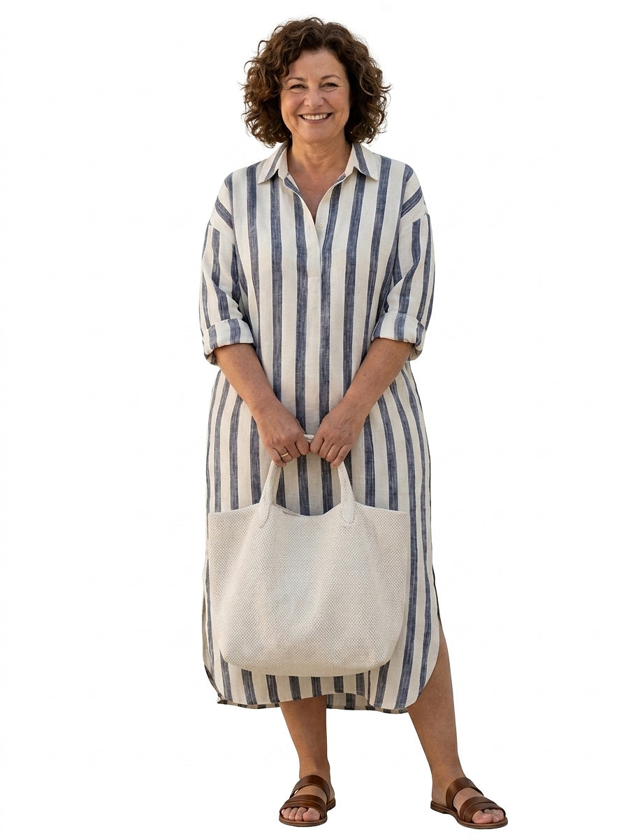 Gestreiftes Midi-Hemdblusenkleid für Damen-Tops & Blouses-Alpenkind