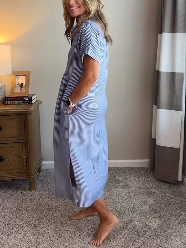 Gestreiftes Midi-Hemdblusenkleid für Damen-Midi Dress-Alpenkind