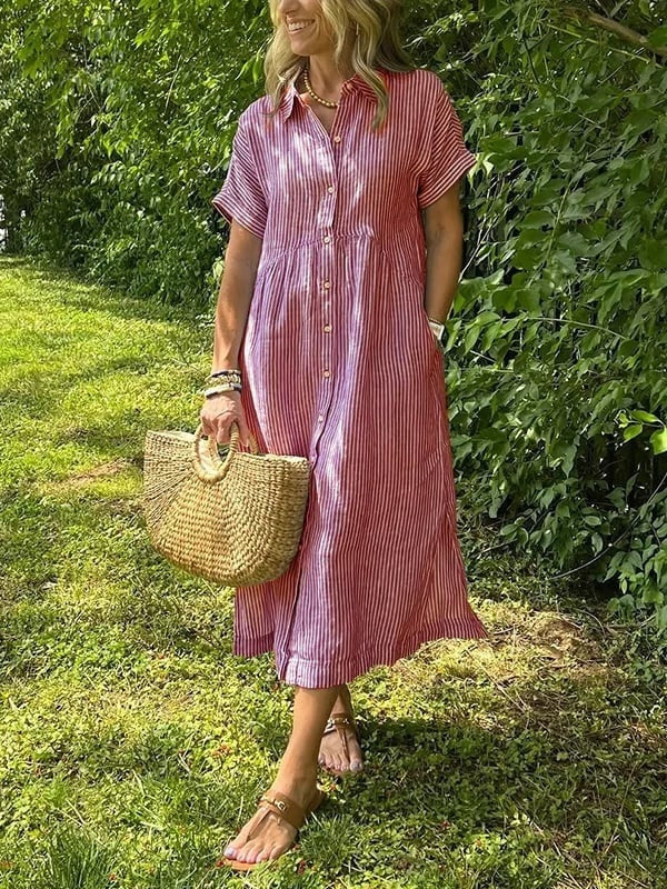 Gestreiftes Midi-Hemdblusenkleid für Damen-Midi Dress-Alpenkind