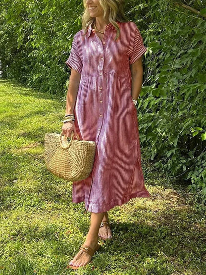 Gestreiftes Midi-Hemdblusenkleid für Damen-Midi Dress-Alpenkind