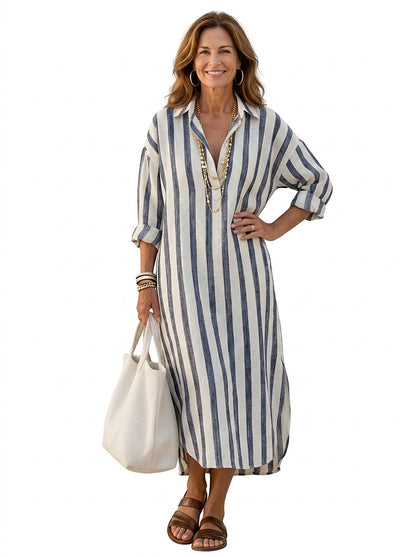 Gestreiftes Midi-Hemdblusenkleid für Damen-Tops & Blouses-Alpenkind